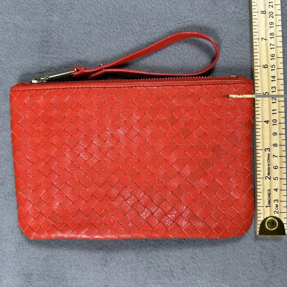 Cole Haan Red Woven Leather Wristlet Clutch Zip Pouch Handbag
